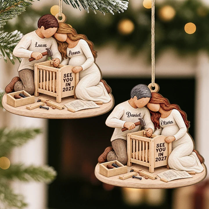 Personalized Expecting Couple Building Crib Wooden Ornament, 3D Effect Pregnancy Keepsake with Names, Gift for Parents To Be Mom Dad