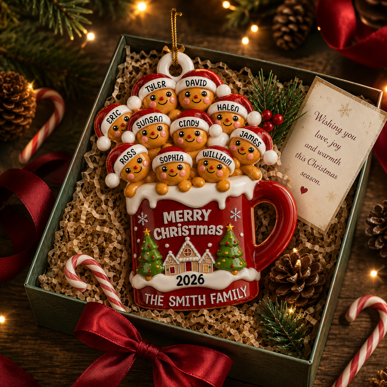 Personalized Gingerbread Family 3D Effect Hot Cocoa Christmas Ornament, Custom Family Name Acrylic Christmas Tree Ornament, Holiday Gift for Family