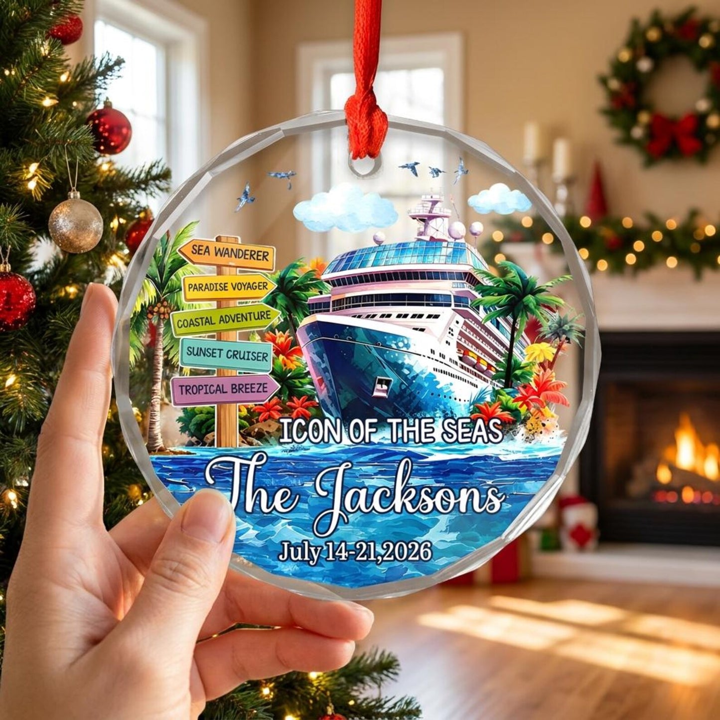 Personalized Cruise Travel Ornament, Custom Family Vacation Glass Christmas Keepsake, Cruise Ship Gift for Travelers Couples Family