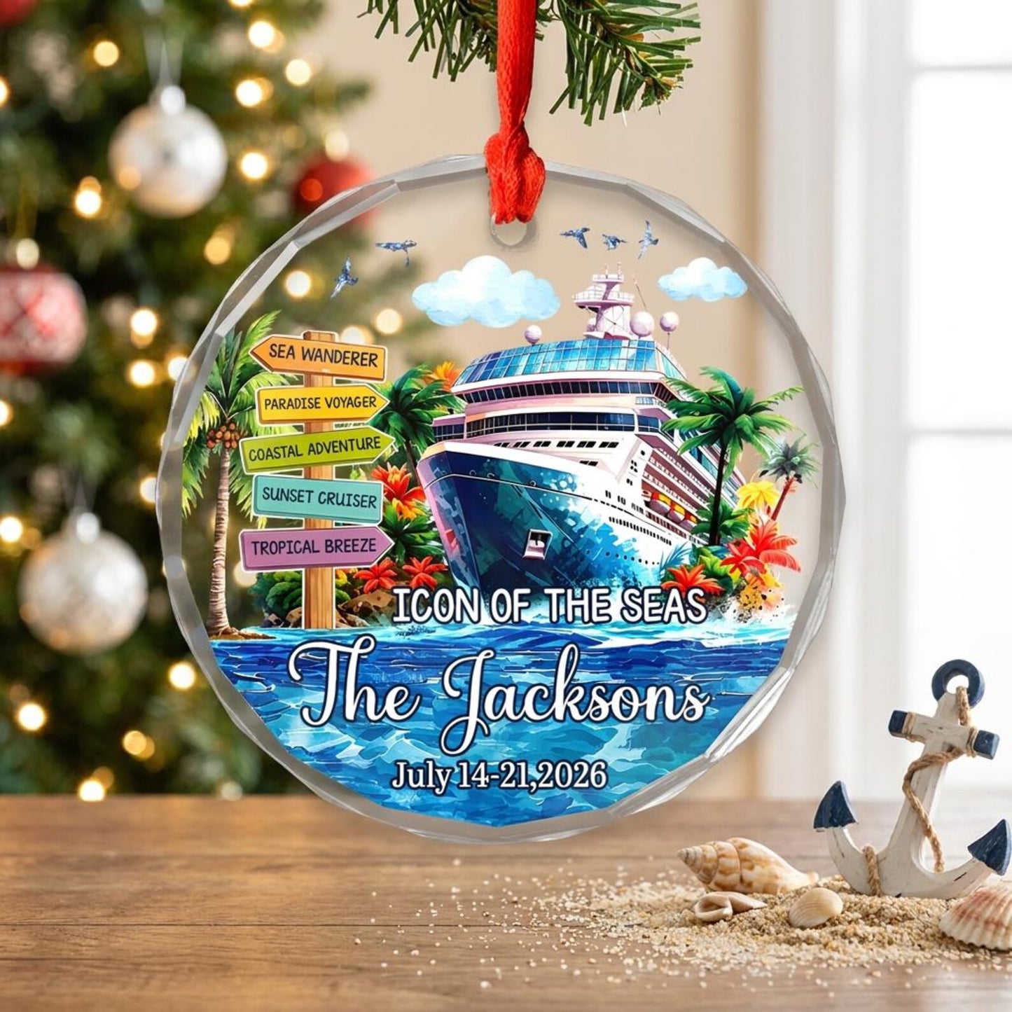 Personalized Cruise Travel Ornament, Custom Family Vacation Glass Christmas Keepsake, Cruise Ship Gift for Travelers Couples Family
