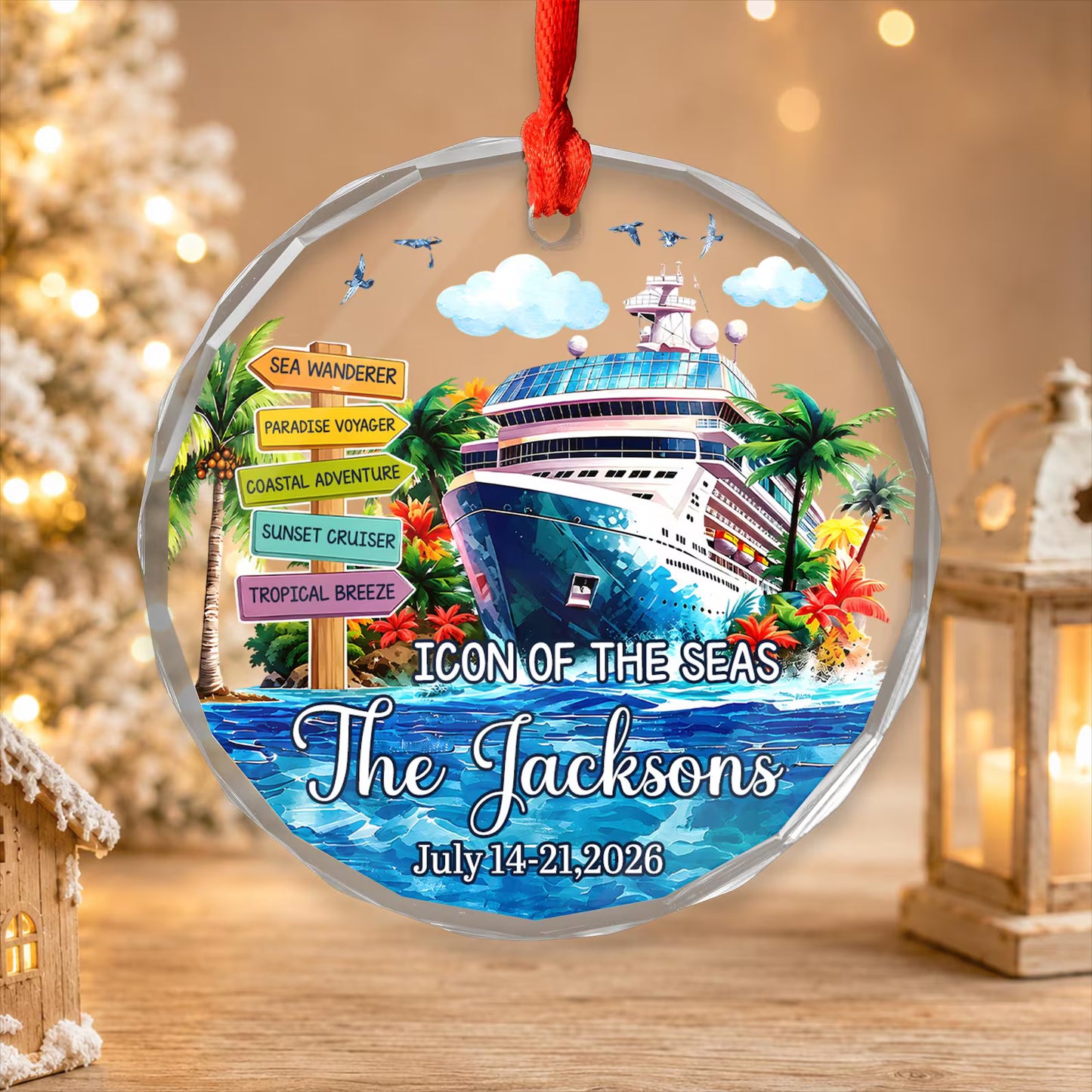 Personalized Cruise Travel Ornament, Custom Family Vacation Glass Christmas Keepsake, Cruise Ship Gift for Travelers Couples Family