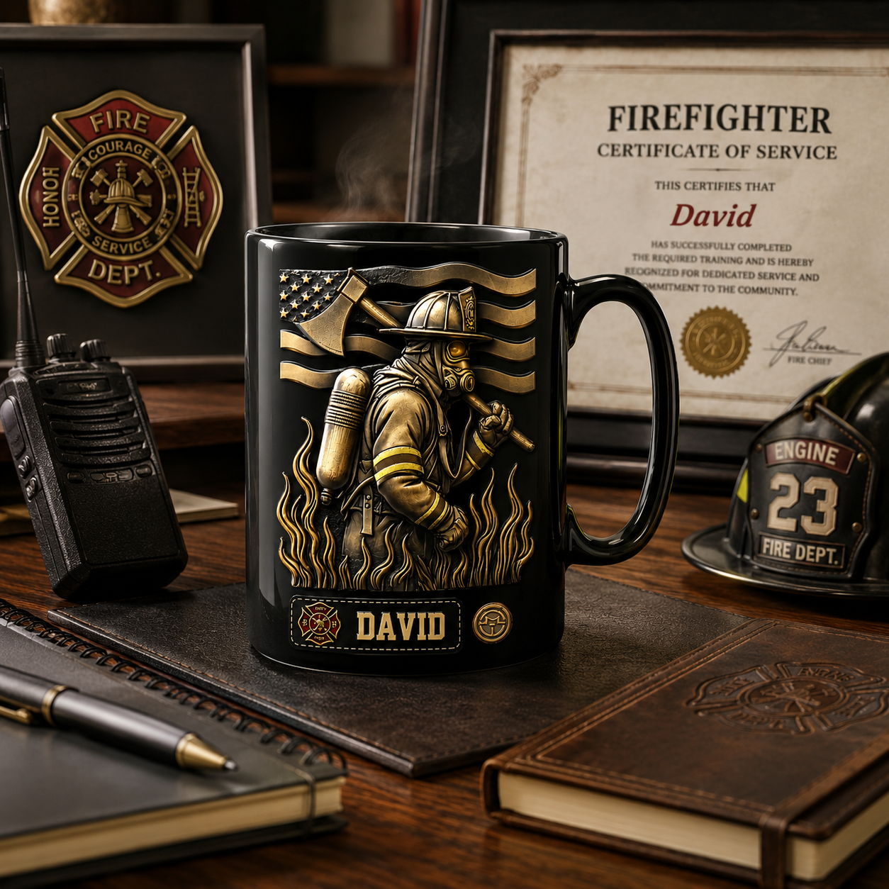 Proud Firefighter Personalized 3D Black Mug with Custom Name, Ceramic Coffee Mug Gift for Firefighters, EMTs & First Responders