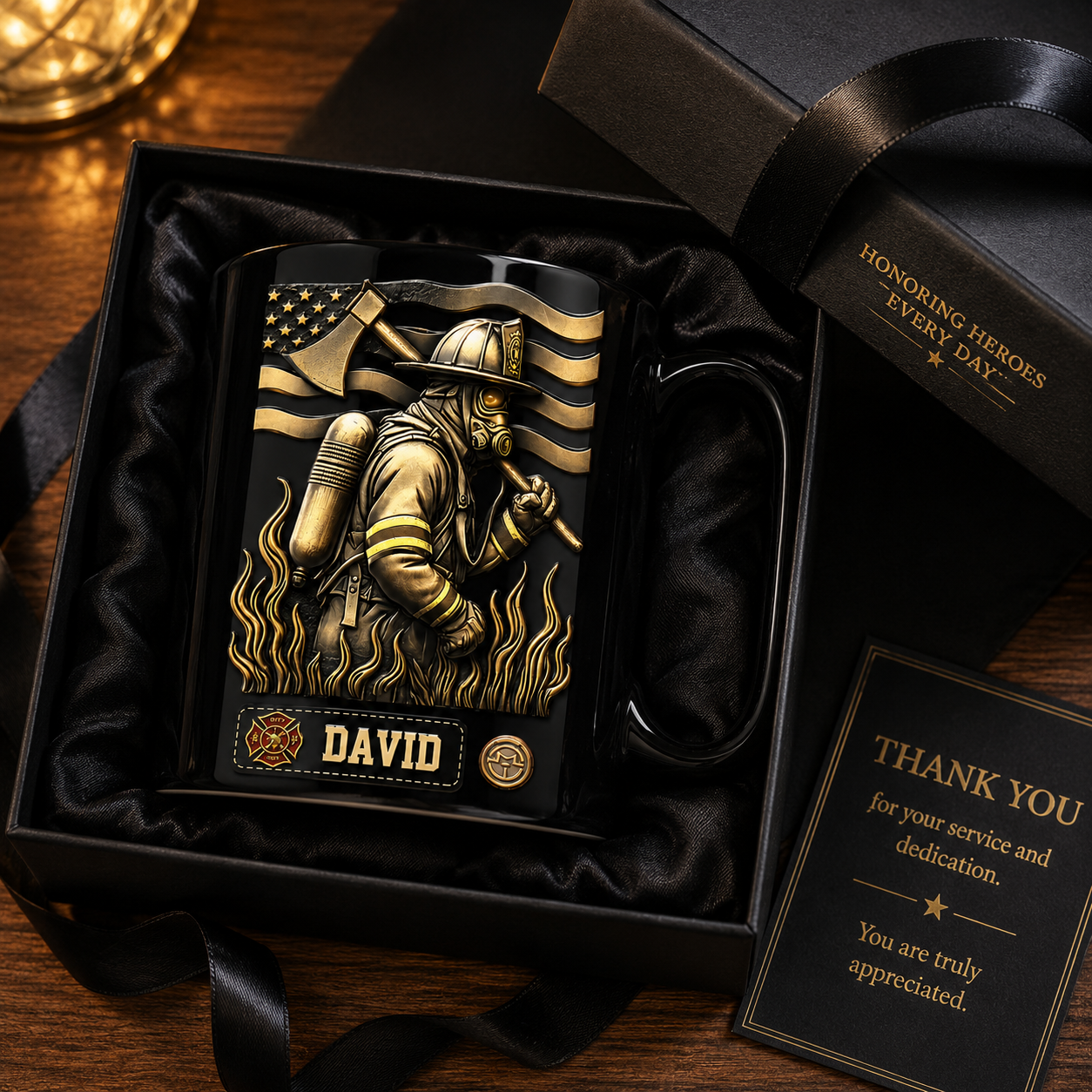 Proud Firefighter Personalized 3D Black Mug with Custom Name, Ceramic Coffee Mug Gift for Firefighters, EMTs & First Responders