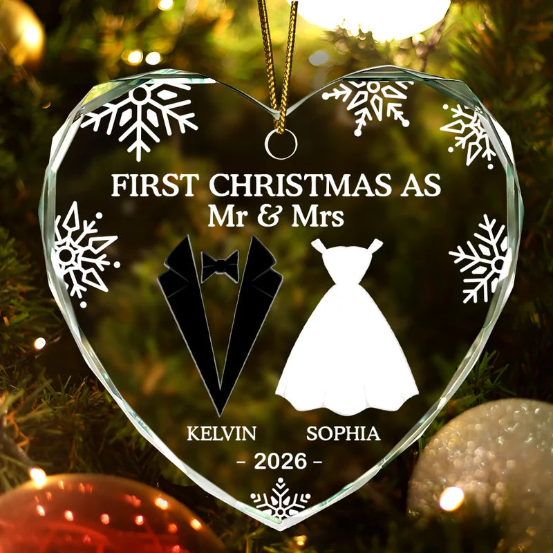 First Christmas As Married Couples - Personalized Heart Shaped Glass Ornament