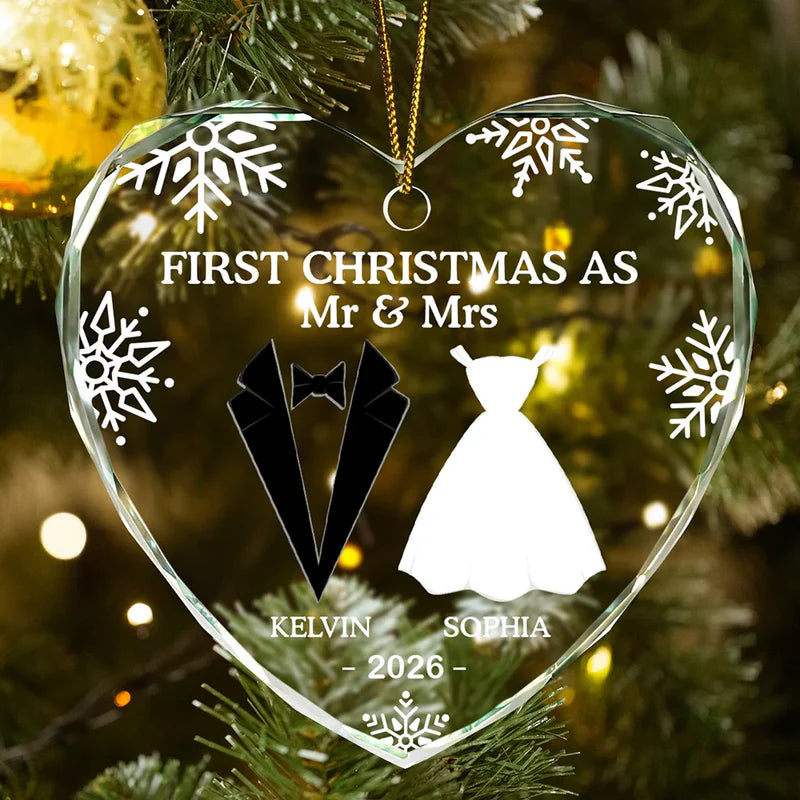 First Christmas As Married Couples - Personalized Heart Shaped Glass Ornament