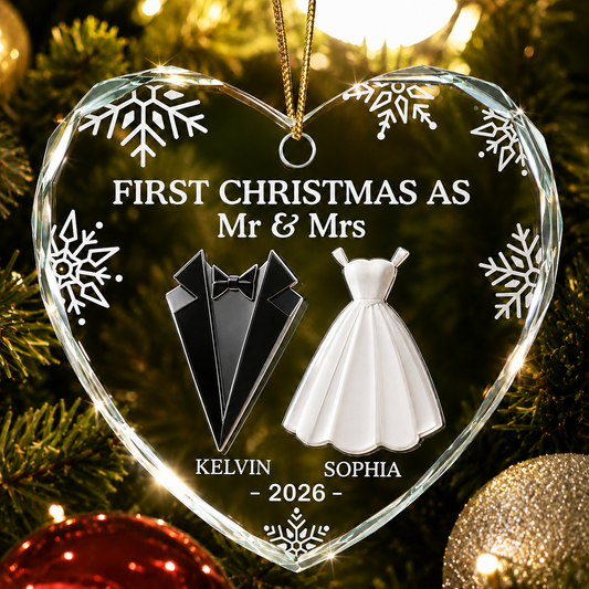 First Christmas as Mr & Mrs Ornament, Personalized Glass Heart Ornament, Custom Couple Christmas Keepsake, Wedding Gift