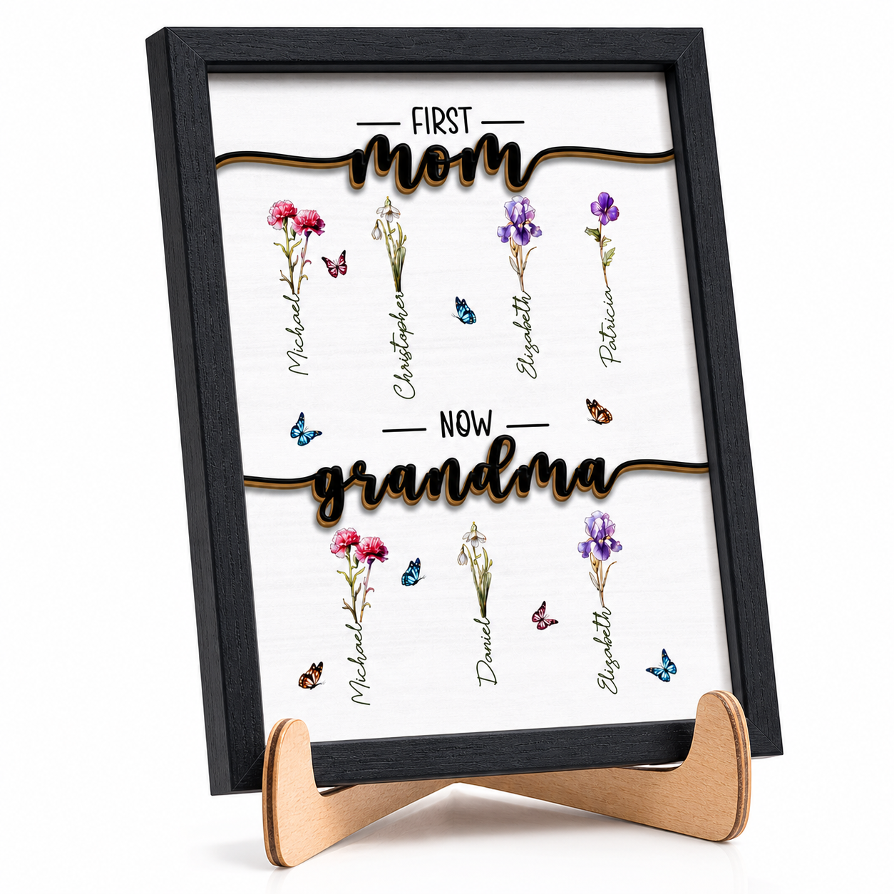 Schild „Erst Mama, jetzt Oma“, personalisiertes Geburtsblumengeschenk – Individuelles 2-lagiges Holzschild mit Ständer