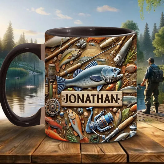 Personalized Fishing Accent Mug, Custom Fisherman Ceramic Coffee Cup, Gift for Fisherman Dad Husband Grandpa Angler Fishing Lover