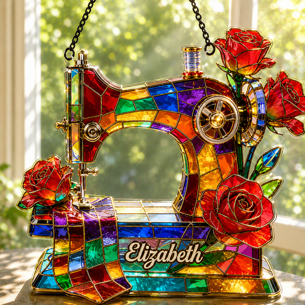 Personalized Sewing Machine Acrylic 3D Effect Suncatcher with Custom Name, Stained Glass Style Window Hanging Gift for Sewers & Quilters