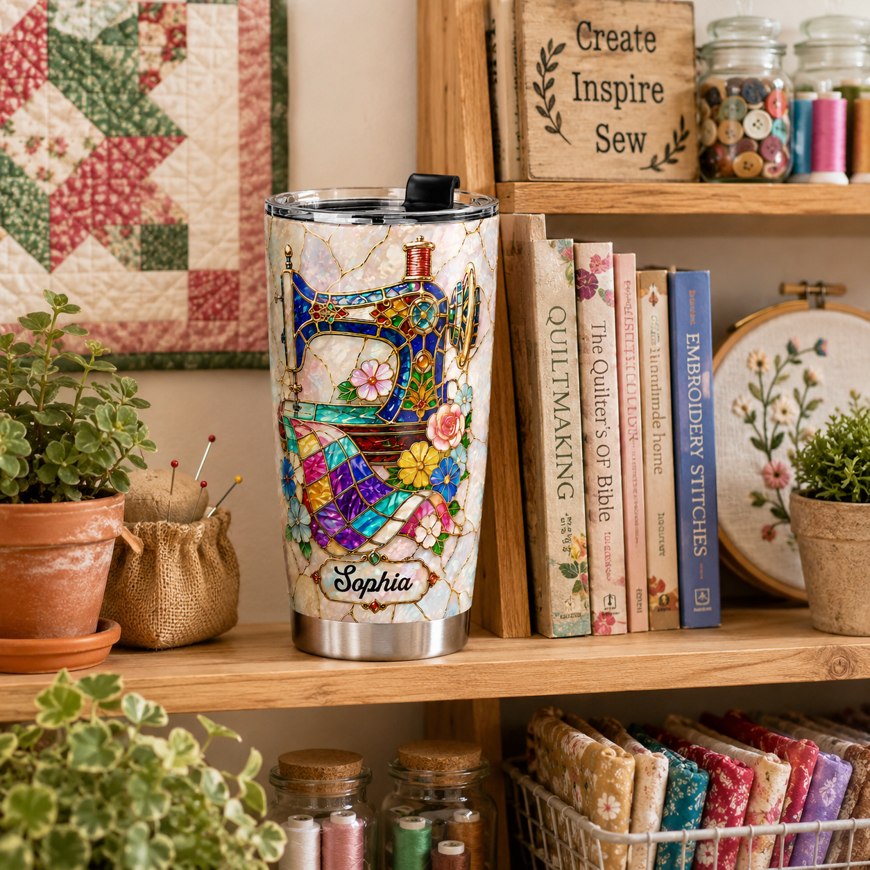 Elegant Floral Sewing Machine Personalized 3D Stainless Steel Tumbler with Name, Custom Gift for Mom, Grandma & Sewing Lovers