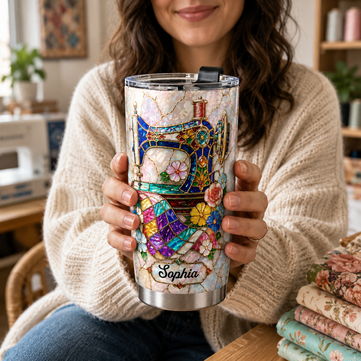 Elegant Floral Sewing Machine Personalized 3D Stainless Steel Tumbler with Name, Custom Gift for Mom, Grandma & Sewing Lovers