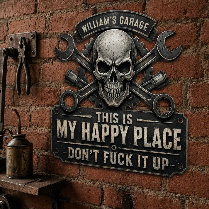 Personalized Garage Metal Sign, This Is My Happy Place Custom Man Cave Workshop Sign, Gift for Dad Husband Grandpa Mechanic Handyman