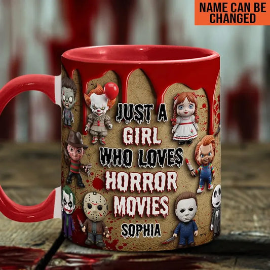 Personalized Horror Movie Accent Mug, Just A Girl Who Loves Horror Movies Ceramic Coffee Cup, Halloween Gift for Horror Fan Women