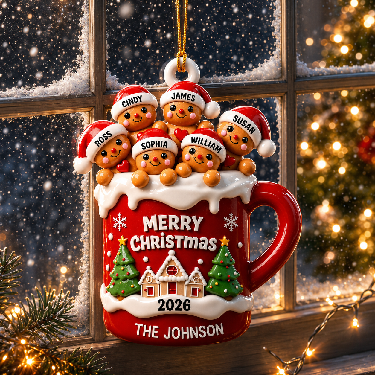 Personalized Gingerbread Family 3D Effect Hot Cocoa Christmas Ornament, Custom Family Name Acrylic Christmas Tree Ornament, Holiday Gift for Family