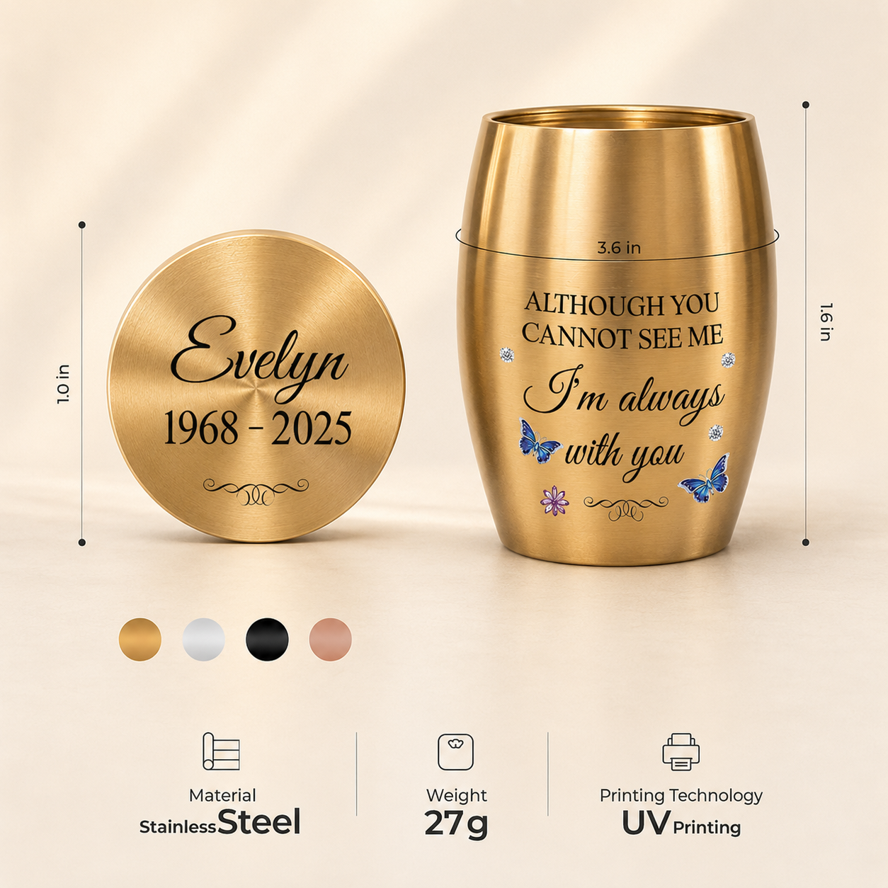 Personalized Memorial Mini Urn for Loss of Dad or Mom – I’m Always With You Keepsake Urn with Name & Year
