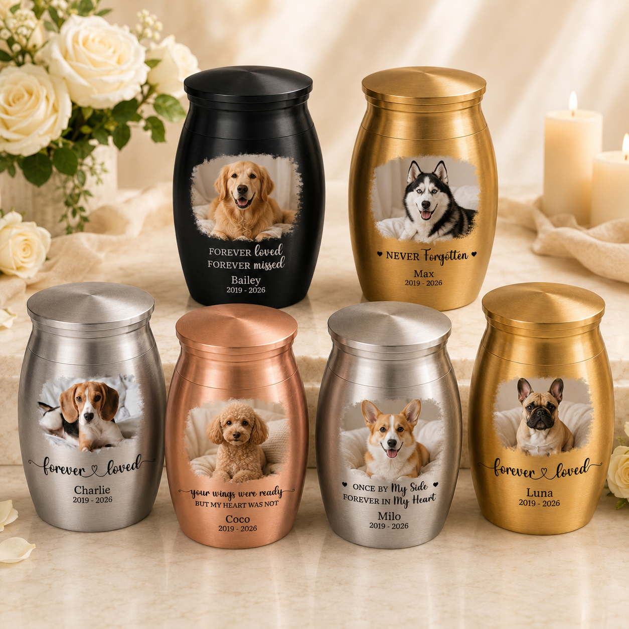Forever Loved Photo Mini Urn – Personalized Pet Memorial Urn, Custom Dog Cat Ashes Keepsake with Name & Year