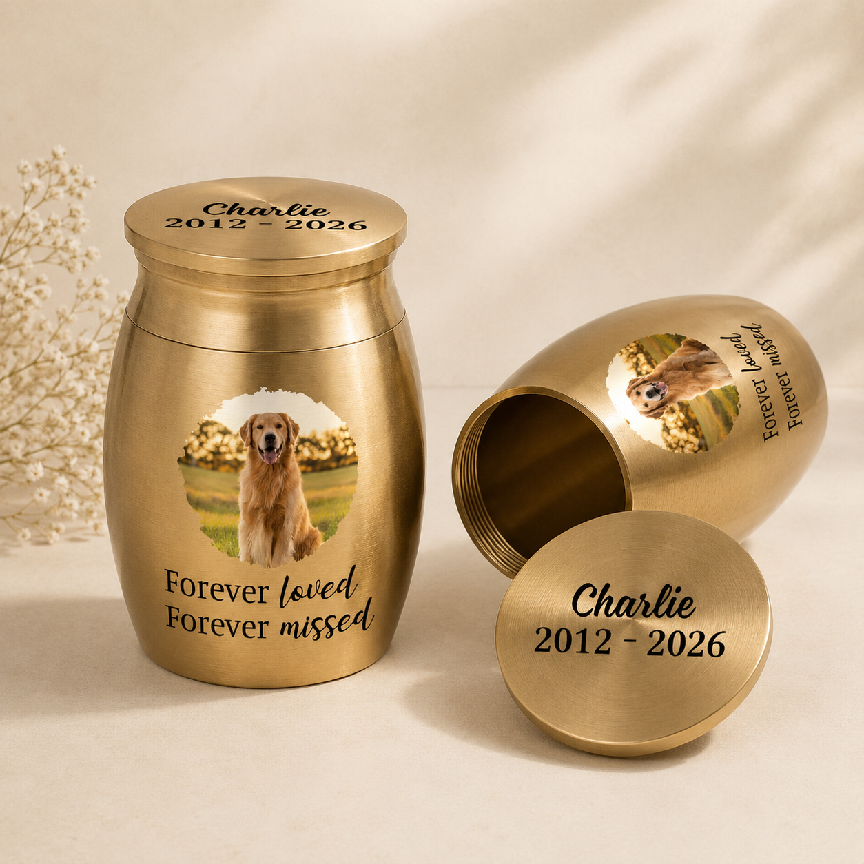 Photo Mini Urn for Loss of Dog/Cat – Personalized Pet Memorial Keepsake Urn with Picture, Name & Years