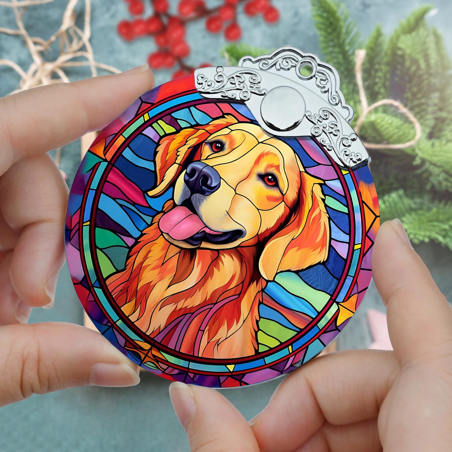 Christmas Ornament, Golden Retriever Christmas Decor, Golden Retriever Ornaments for Christmas Tree, Stained Glass Ornament