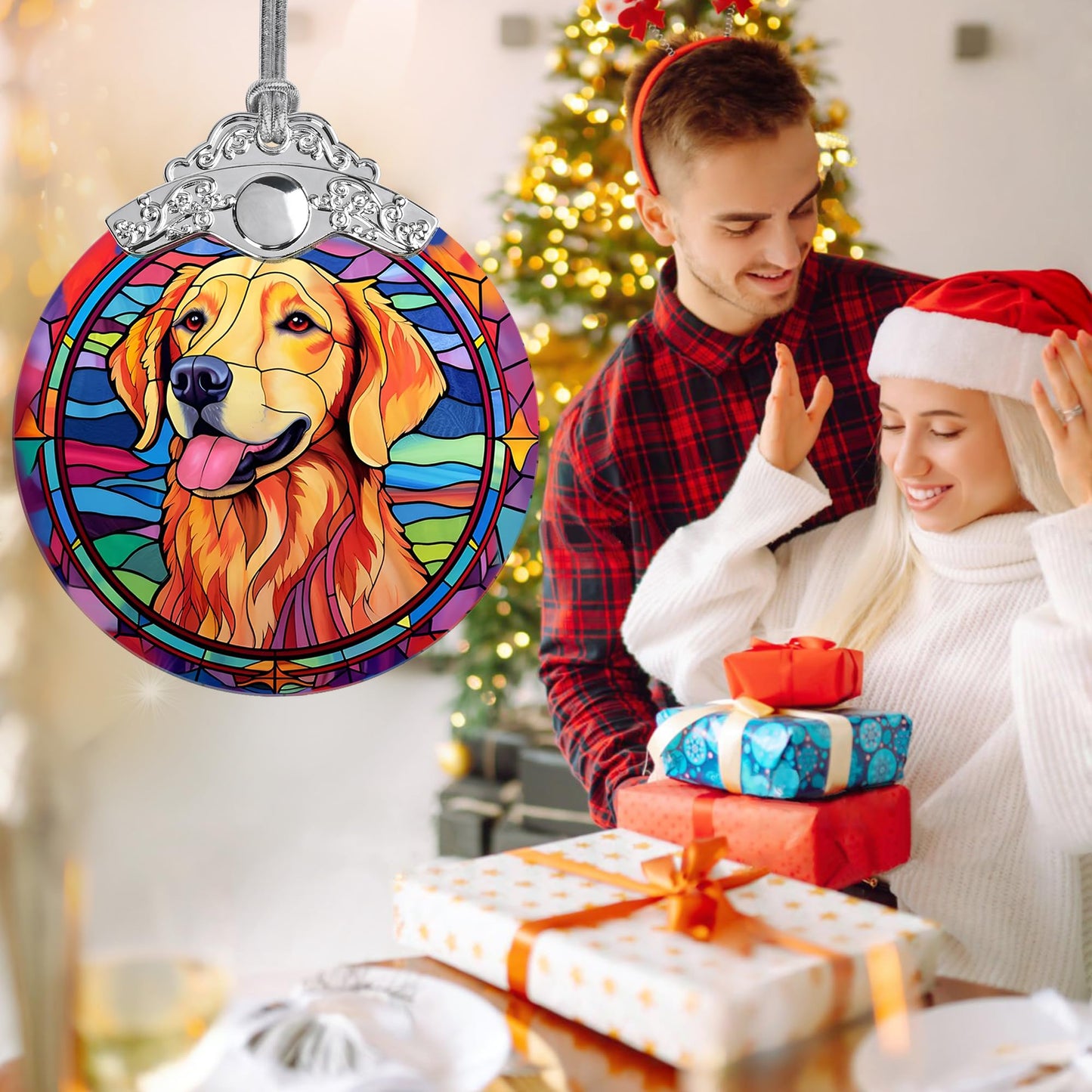 Christmas Ornament, Golden Retriever Christmas Decor, Golden Retriever Ornaments for Christmas Tree, Stained Glass Ornament