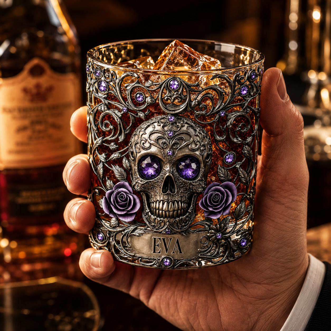 Personalized Skull Whiskey Glass 3D, Custom Crystal Whiskey Glass with Name, Gothic Skull & Roses Rocks Glass, Halloween Gift for Whiskey Lovers