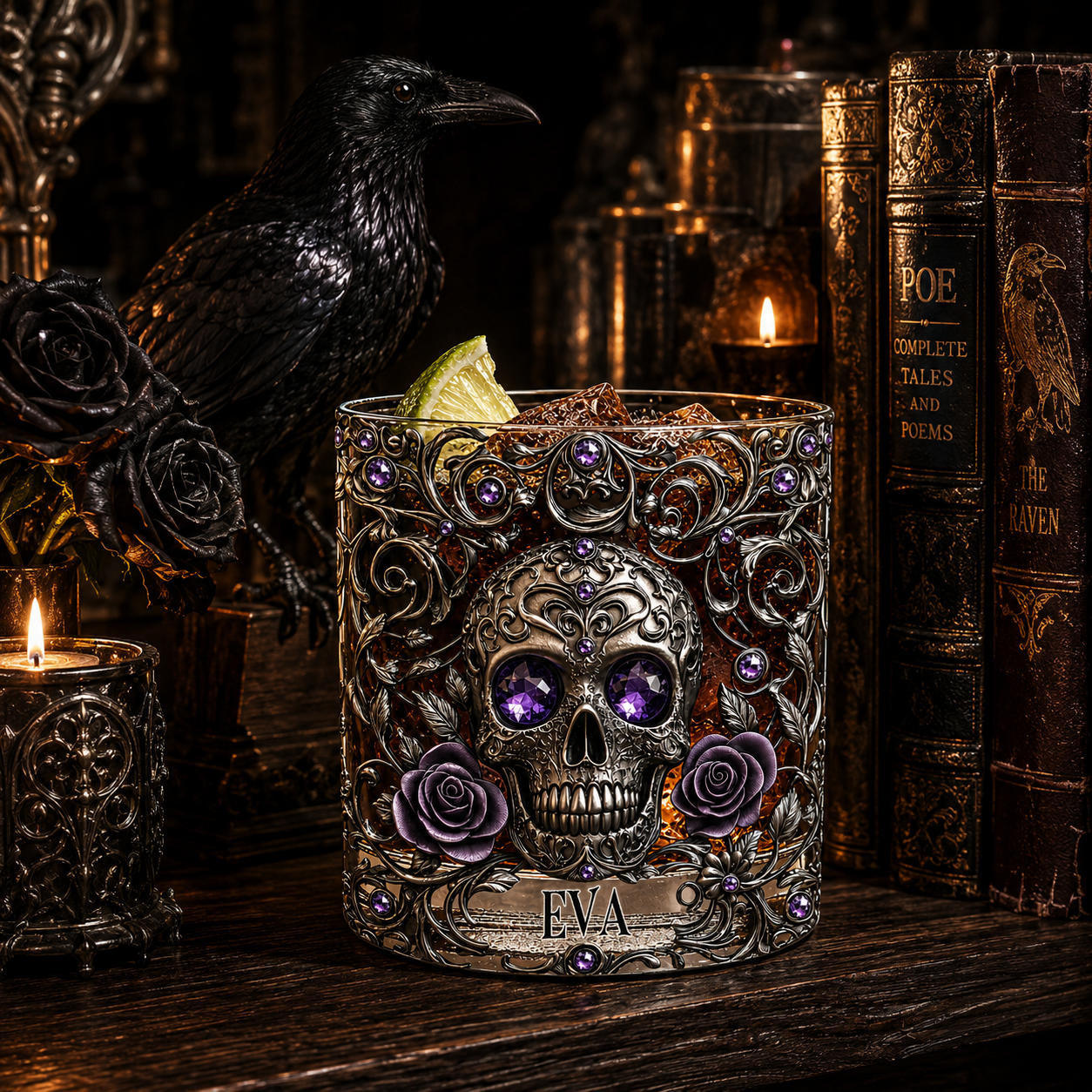 Personalized Skull Whiskey Glass 3D, Custom Crystal Whiskey Glass with Name, Gothic Skull & Roses Rocks Glass, Halloween Gift for Whiskey Lovers