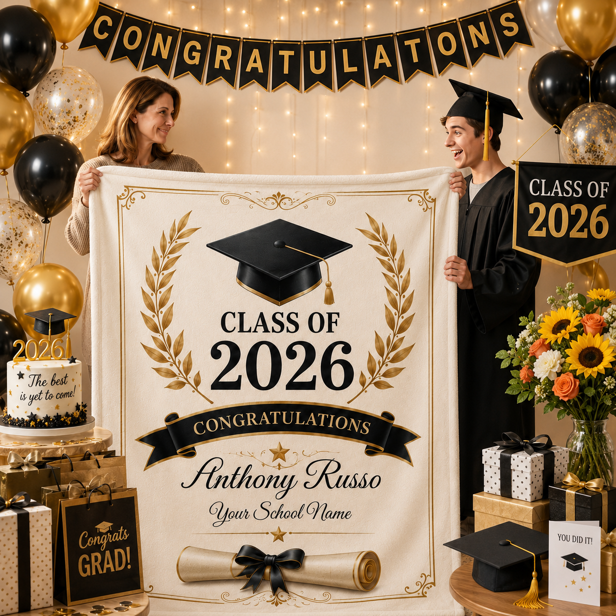 Personalized Graduation Blanket Class of 2026, Custom Senior Graduation Fleece Blanket with Name & School, Graduation Gift for High School College Graduate