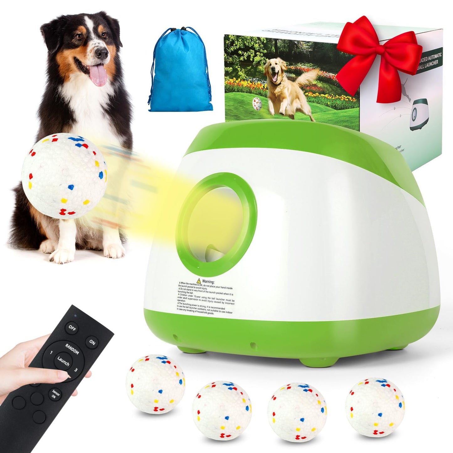 2025 New Automatic Dog Ball Launcher - Includes 4 (2.5") Balls. Features Remote Control, Rechargeable Battery, 40-60-80Ft Range