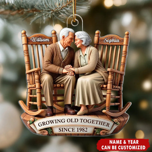 Personalized Old Couple Christmas Ornament with Names, Custom Rocking Chair Acrylic Keepsake, Anniversary Gift for Husband Wife Grandparents