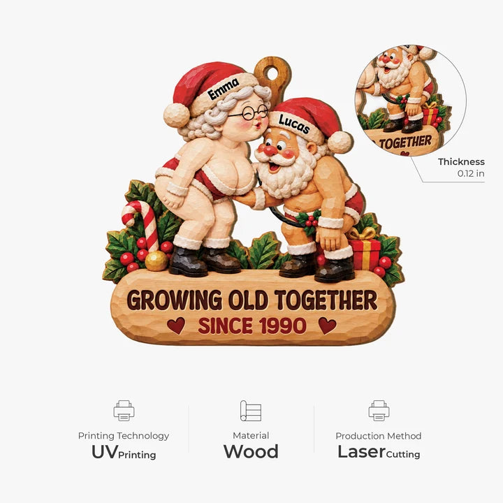 Personalized Growing Old Together Santa Couple Wooden Ornament, Custom Names Christmas Keepsake, Gift for Husband Wife Grandparents Couples