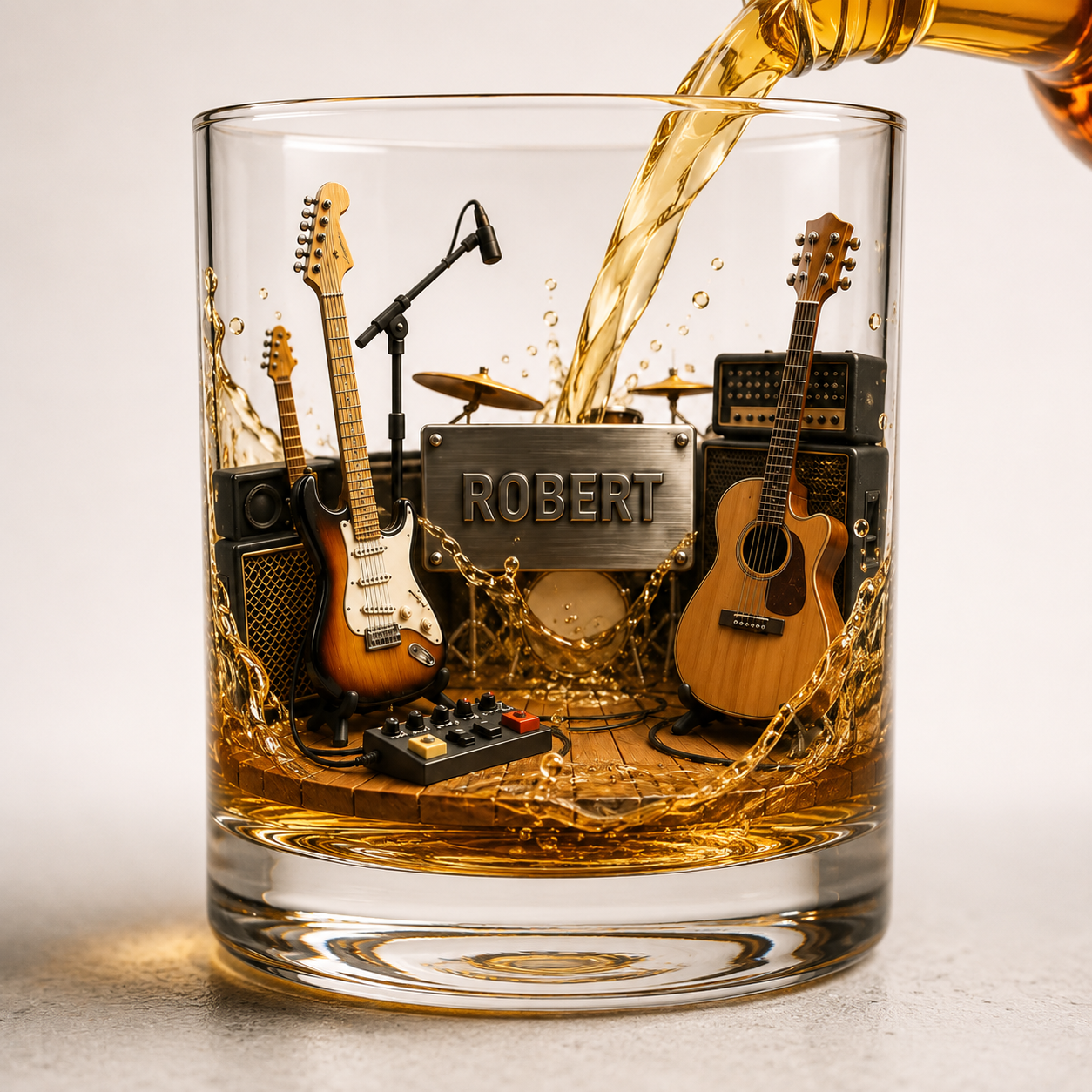 Personalized Guitar Studio Whiskey Glass 3D Effect with Name, 10oz Old Fashioned Glass Gift for Guitarists, Musicians & Music Lovers