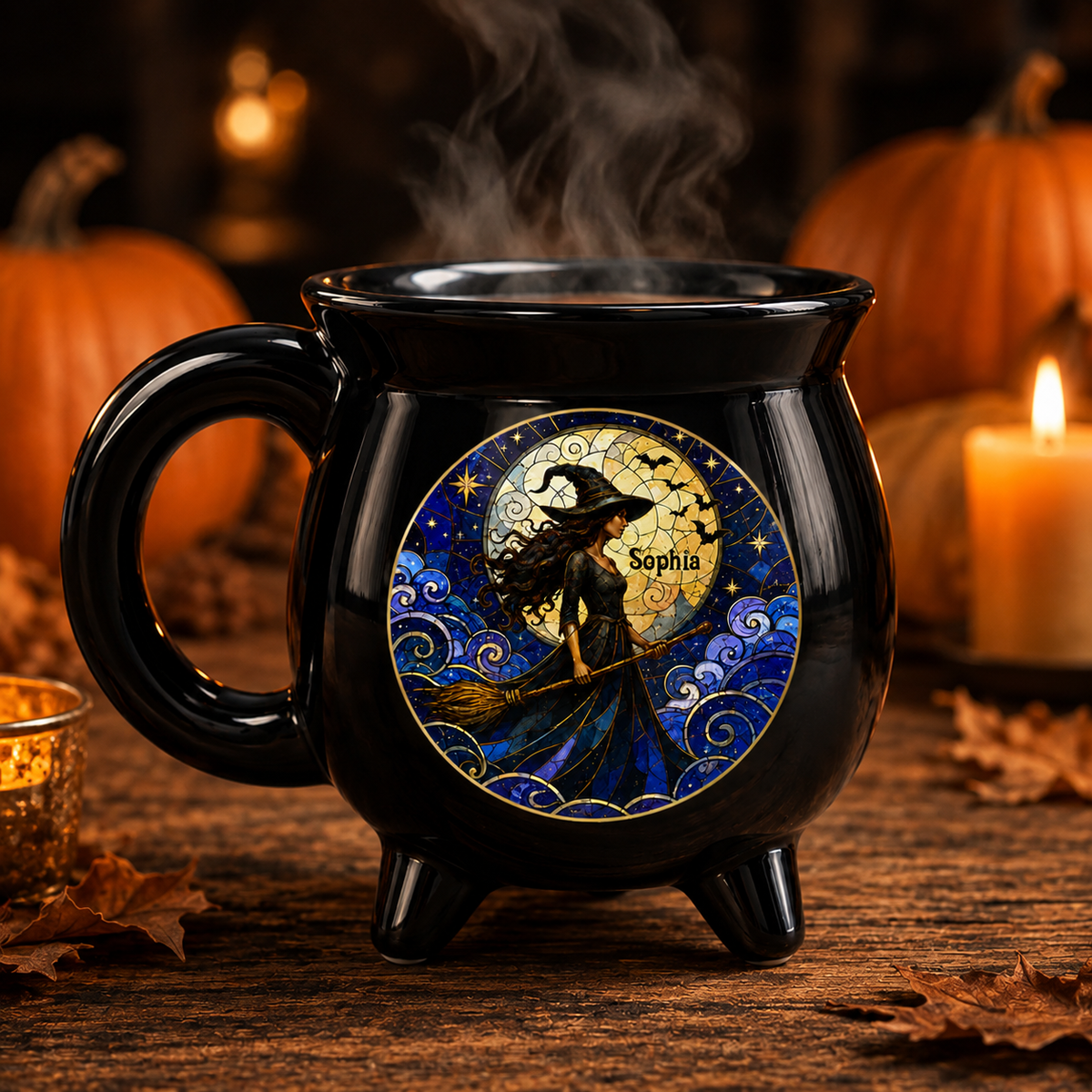 Personalized Moonlit Witch Cauldron Coffee Mug, Custom Witch Name Mug, Halloween Ceramic Cauldron Cup Gift for Her
