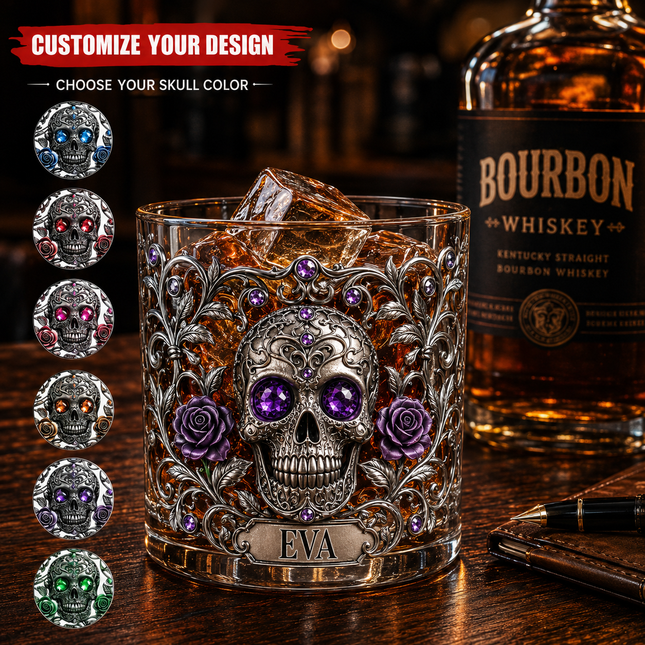 Personalized Skull Whiskey Glass 3D, Custom Crystal Whiskey Glass with Name, Gothic Skull & Roses Rocks Glass, Halloween Gift for Whiskey Lovers