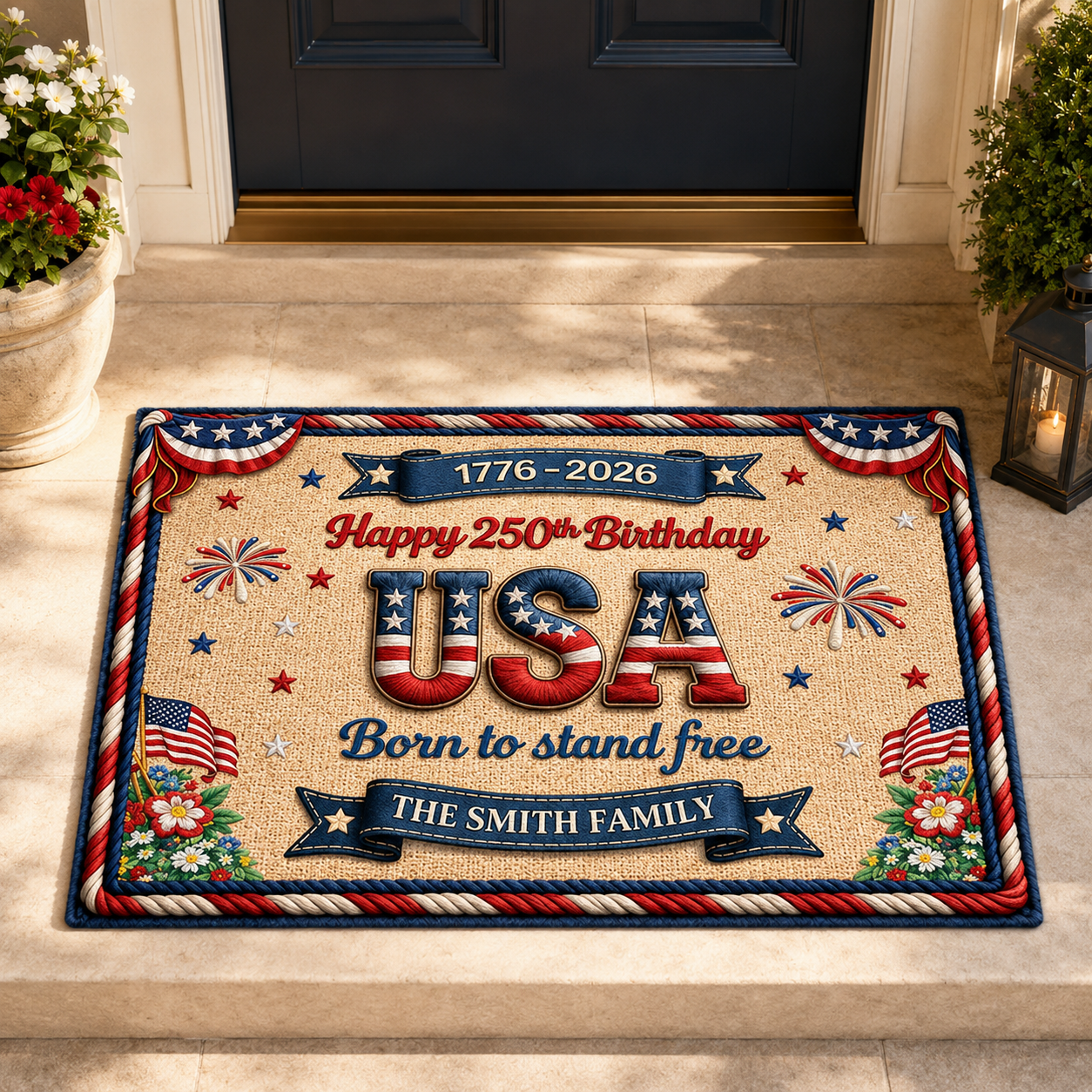 Happy 250th Birthday USA Doormat – Personalized America 250 Family Name Mat