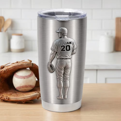 Personalized Baseball Tumbler with Player Name & Number, Hit A Home Run Custom 3D Effect Cup, Gift for Baseball Player Dad Son Coach