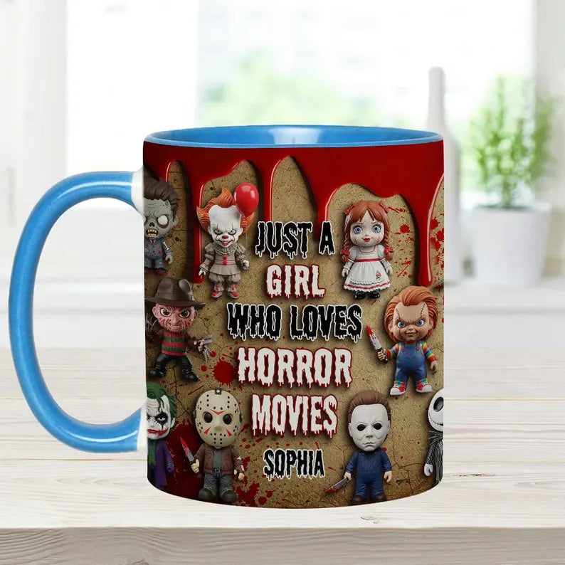 Personalized Horror Movie 3D Effect Accent Mug, Just A Girl Who Loves Horror Movies Ceramic Coffee Cup, Halloween Gift for Horror Fan Women