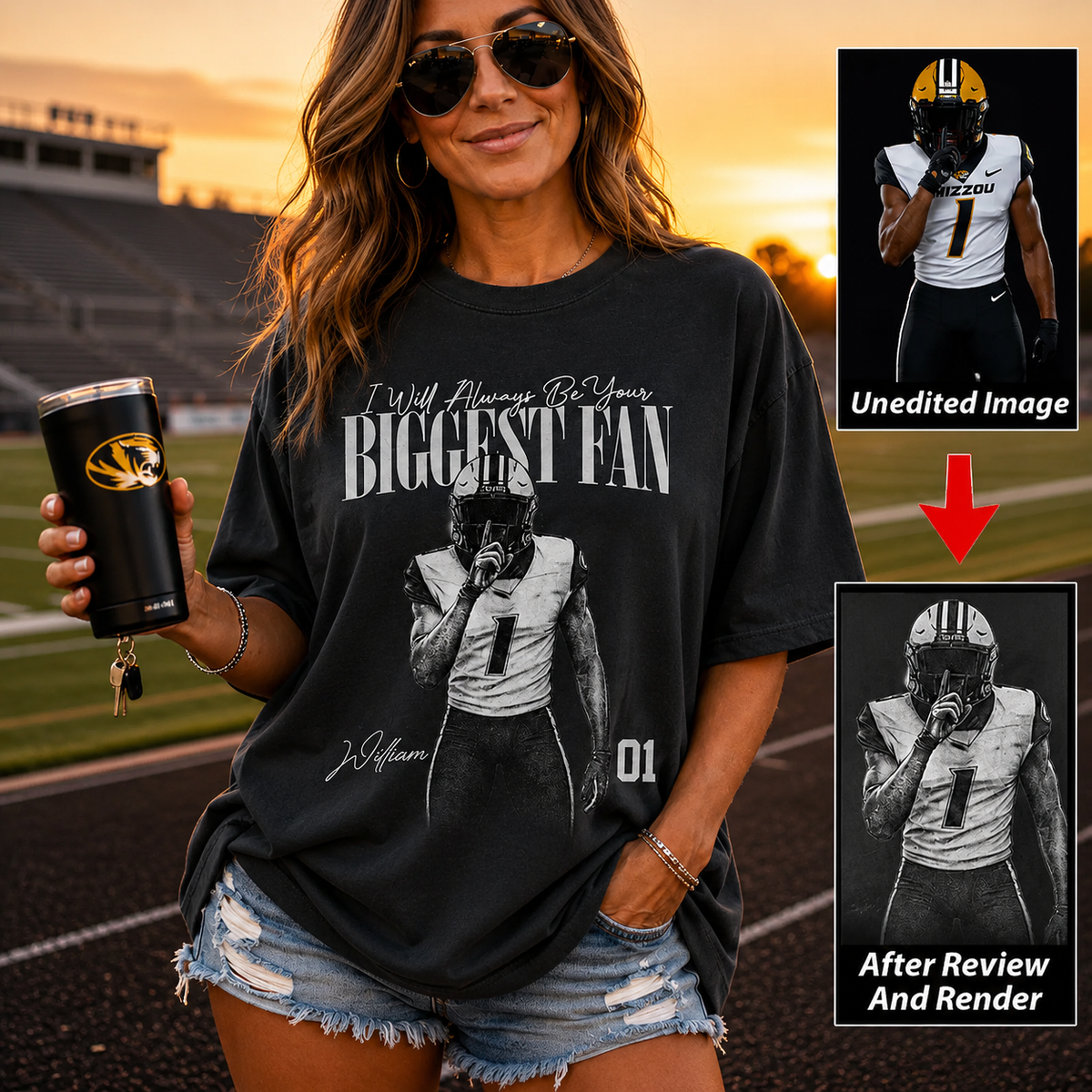 Personalized Football Player Photo Shirt, I’ll Always Be Your Biggest Fan Custom Name & Number Tee, Football Mom Dad Gift
