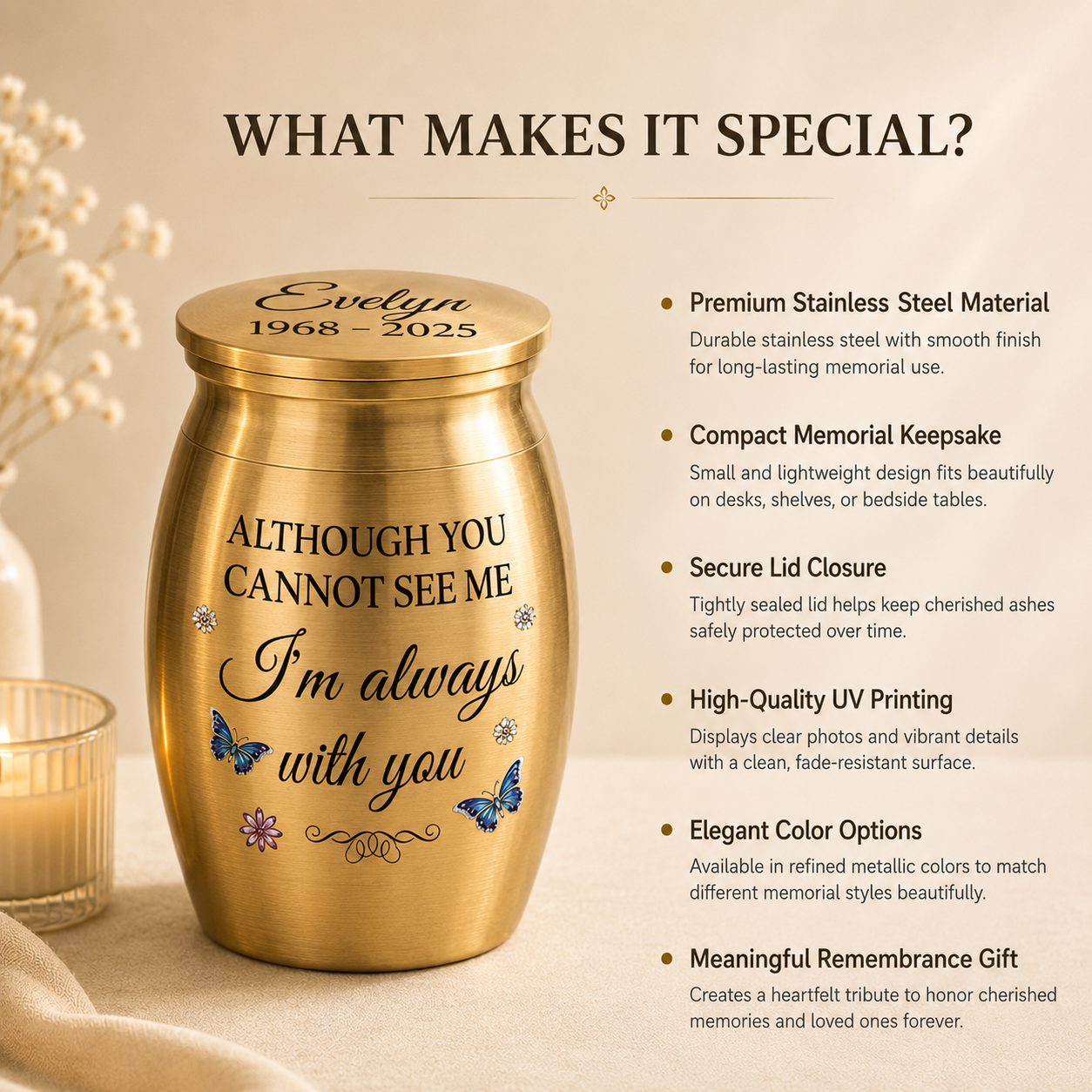 Personalized Memorial Mini Urn for Loss of Dad or Mom – I’m Always With You Keepsake Urn with Name & Year