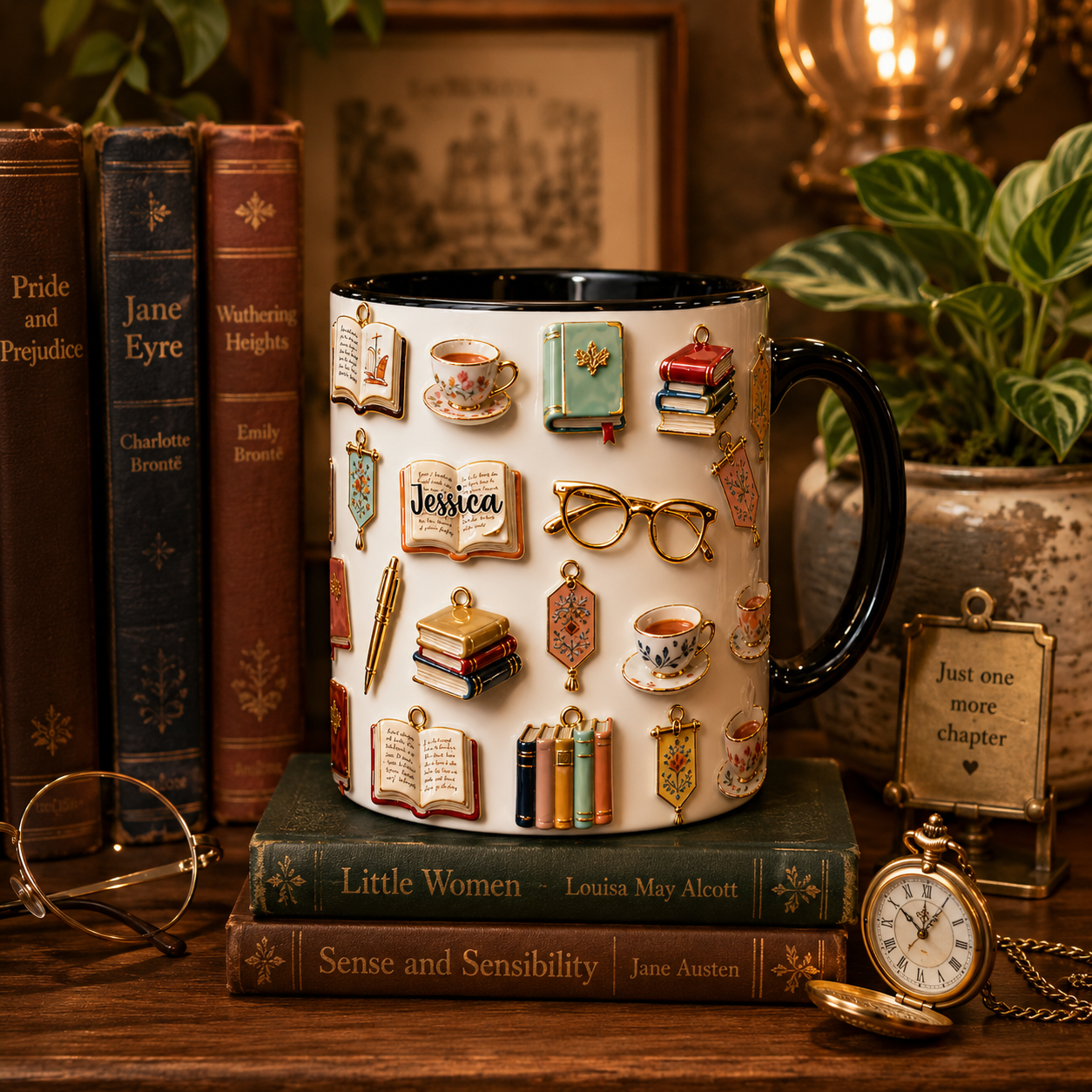 Personalized Book Lover Accent Mug 3D Effect with Custom Name, Ceramic Coffee Mug for Readers, Bookworm Gift for Women, 11oz 15oz