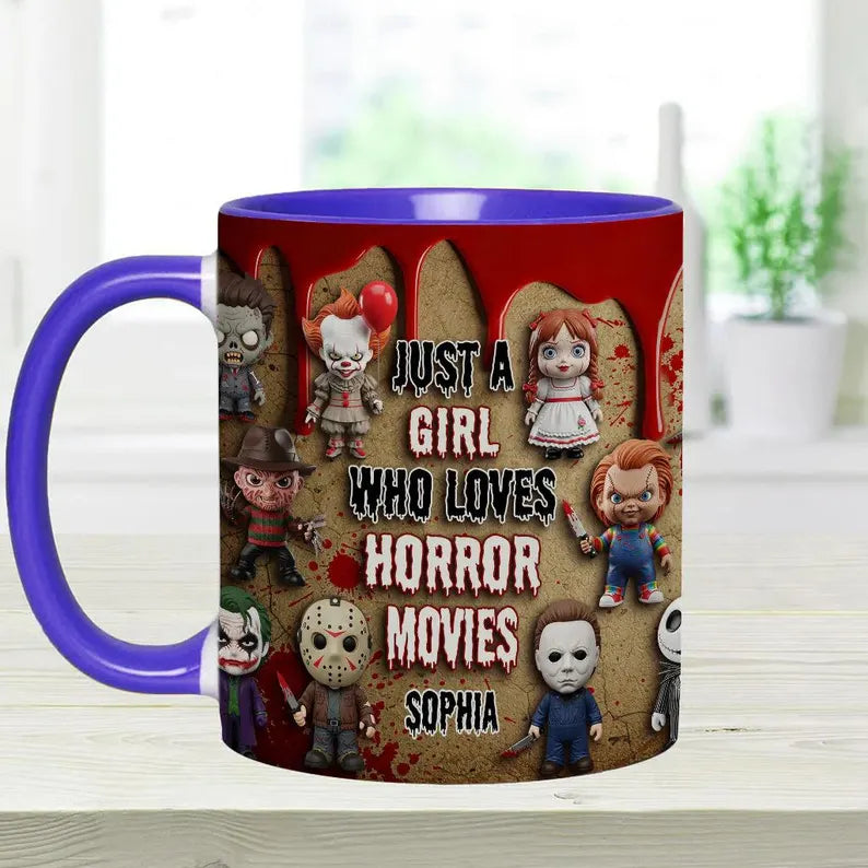 Personalized Horror Movie 3D Effect Accent Mug, Just A Girl Who Loves Horror Movies Ceramic Coffee Cup, Halloween Gift for Horror Fan Women