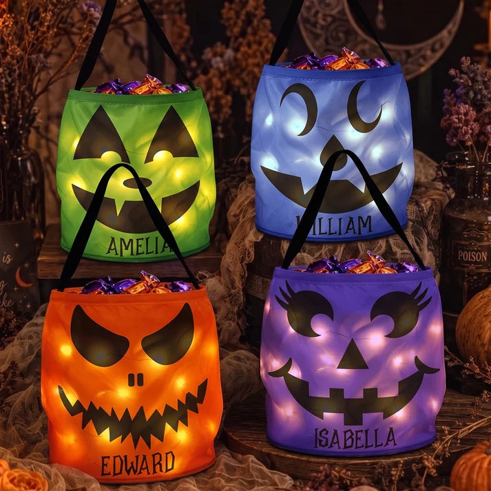 Personalized Halloween Candy Bag for Kids, Scary Pumpkin Face LED Trick or Treat Basket, Light Up Halloween Tote for Boys Girls