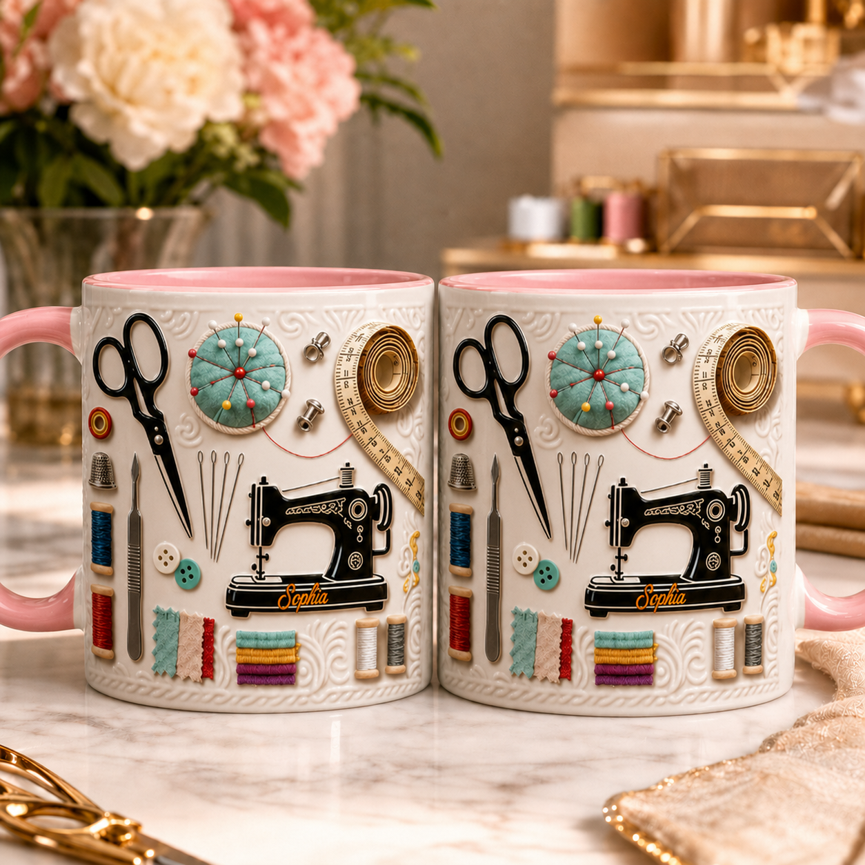 Personalisierte Akzenttasse „Love Sewing“ – Individuelles Namensgeschenk für Nähbegeisterte