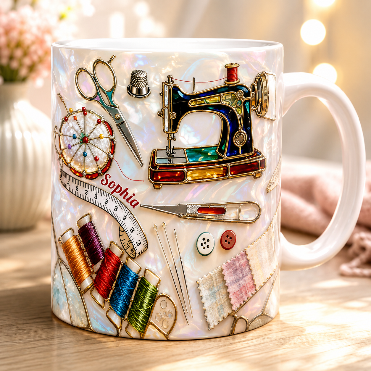 Liebe Näh-Buntglas-Tasse – Personalisiertes Geschenk für Nähliebhaber