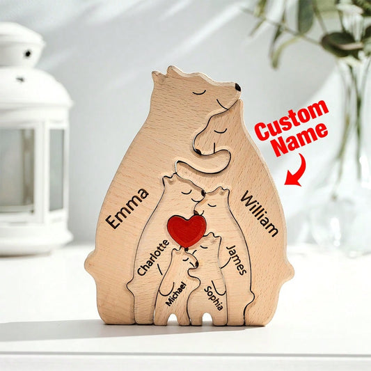 United We Stand - Family Bear Shaped Wooden Art Puzzle - Wooden Pet Carvings, Wood Sculpture Table Ornaments, Carved Wood Decor
