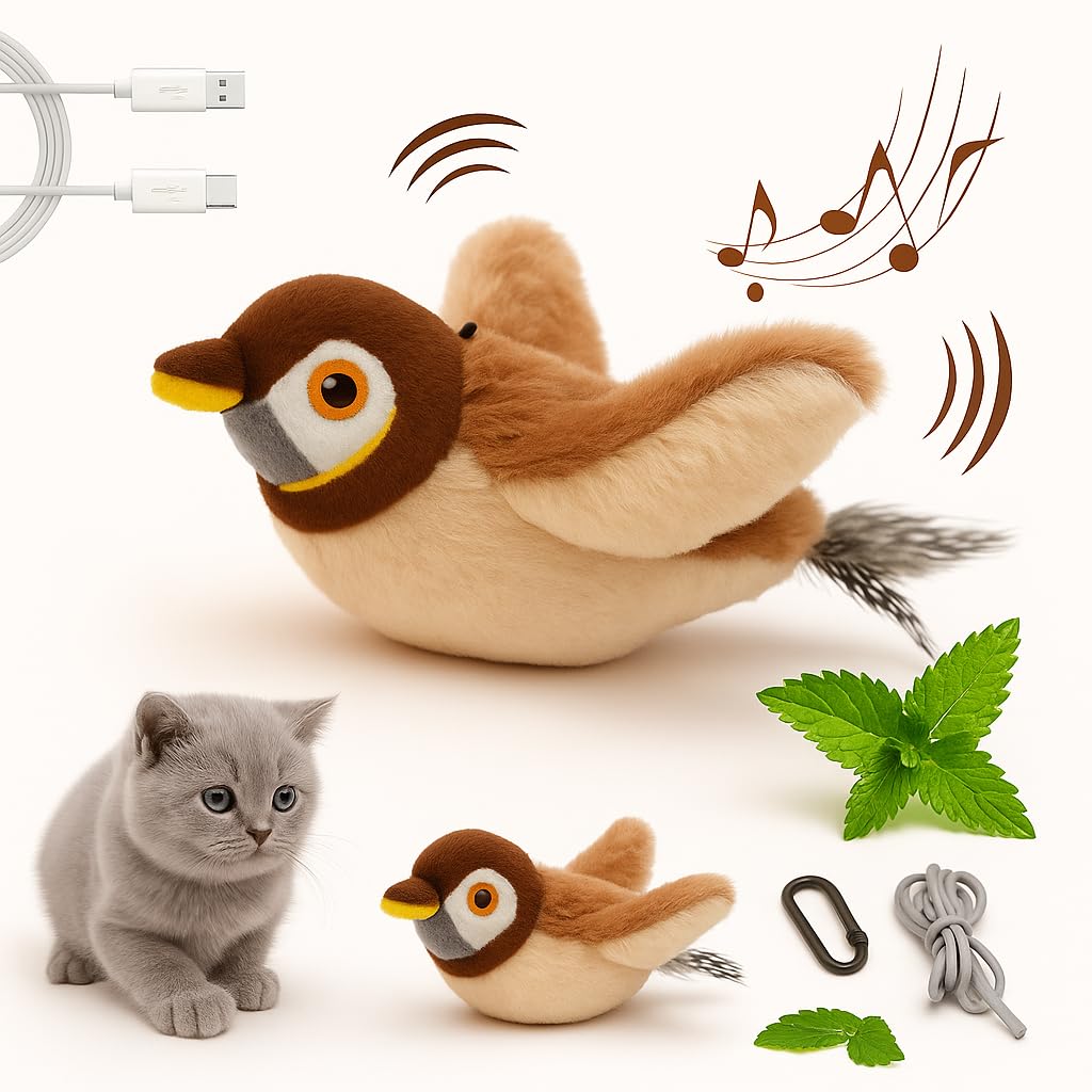 Cat Toys, Flapping Wings Sparrow, No Flying, Chirping Bird Interactive Catnip Toy for Kitten or Small Dogs, Touch Activated, Rechargeable