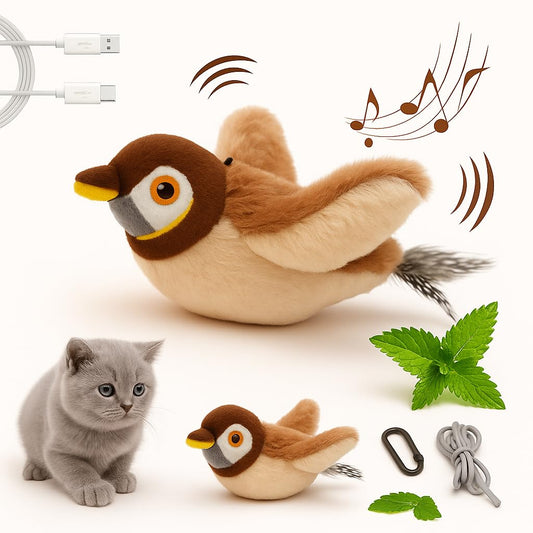 Cat Toys, Flapping Wings Sparrow, No Flying, Chirping Bird Interactive Catnip Toy for Kitten or Small Dogs, Touch Activated, Rechargeable