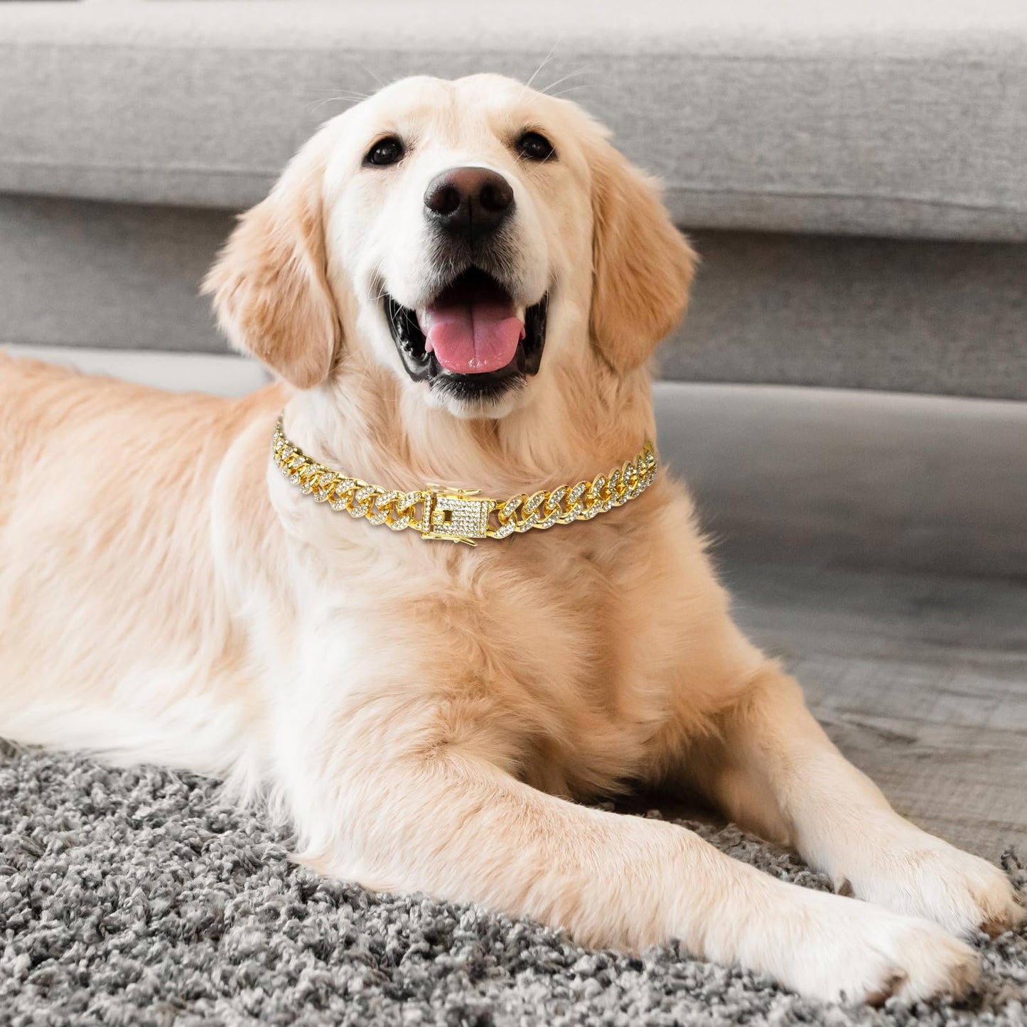 Dog Necklace Cuban Link Dog Collar Gold Crystal Chain with Secure Buckle for Small Medium Large Dogs Cats
