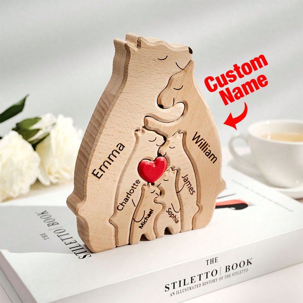 United We Stand - Family Bear Shaped Wooden Art Puzzle - Wooden Pet Carvings, Wood Sculpture Table Ornaments, Carved Wood Decor