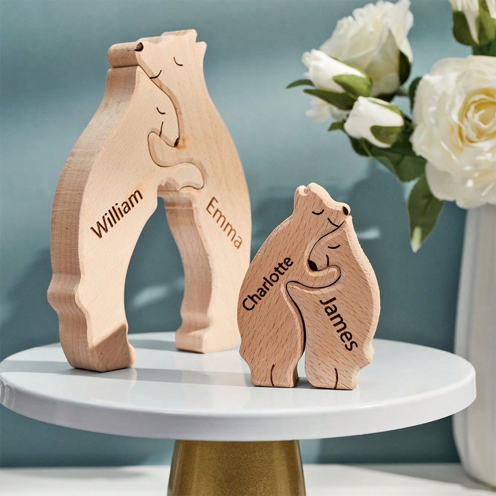 United We Stand - Family Bear Shaped Wooden Art Puzzle - Wooden Pet Carvings, Wood Sculpture Table Ornaments, Carved Wood Decor