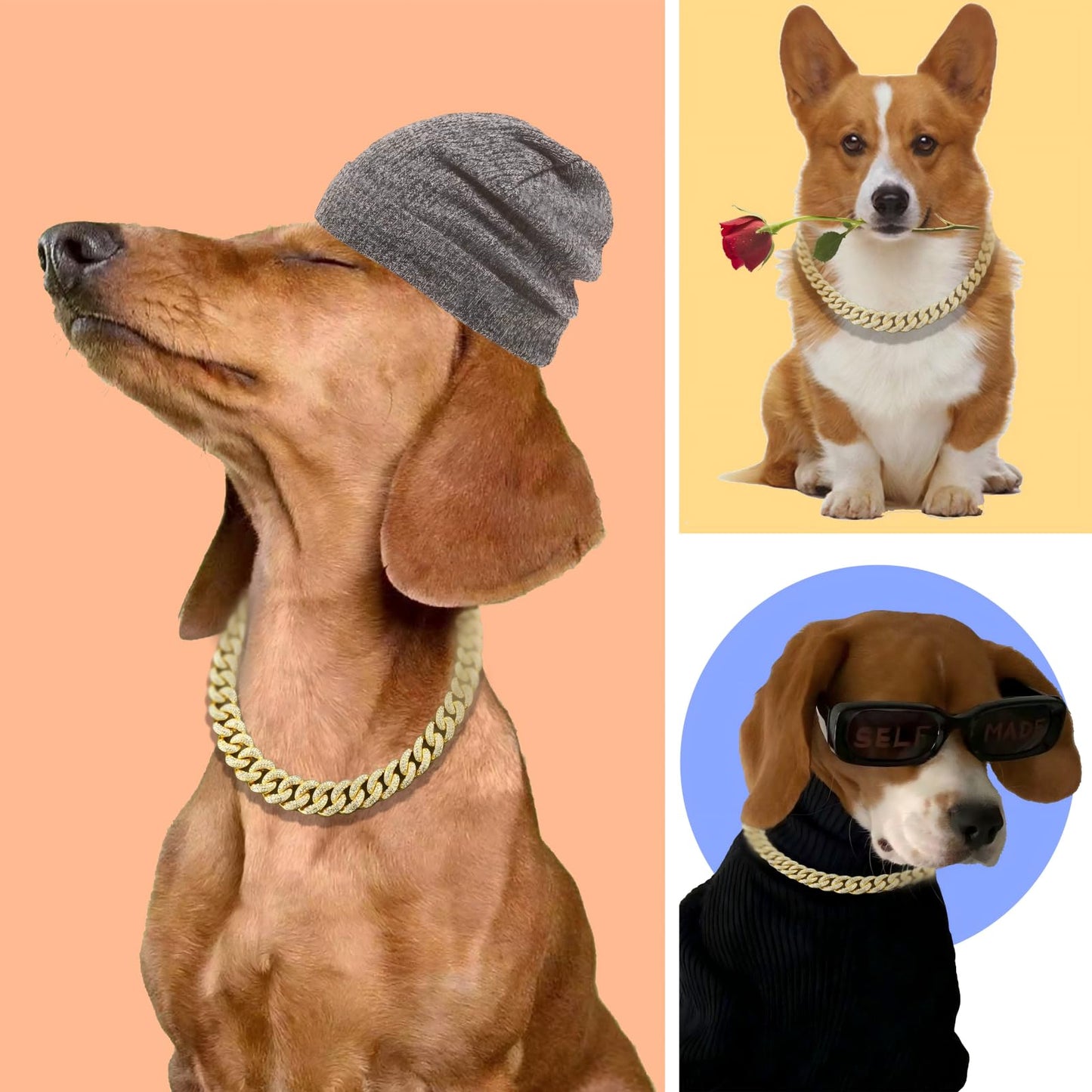 Dog Necklace Cuban Link Dog Collar Gold Crystal Chain with Secure Buckle for Small Medium Large Dogs Cats