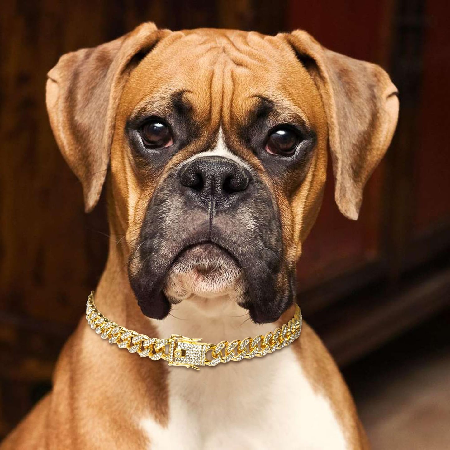 Dog Necklace Cuban Link Dog Collar Gold Crystal Chain with Secure Buckle for Small Medium Large Dogs Cats